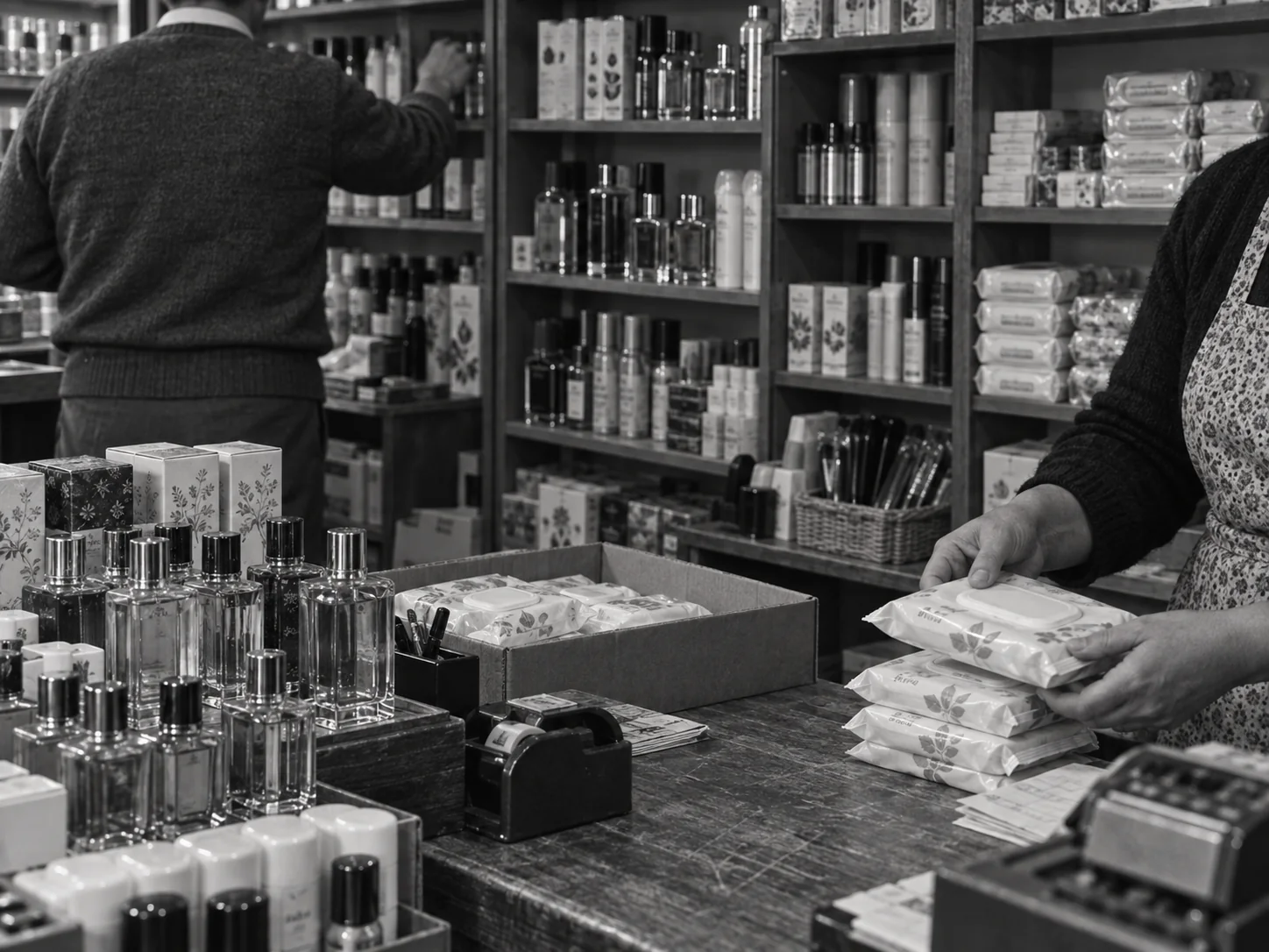 Dönemin kozmetik ve ıtriyat ticaret ortamını temsil eden sahne